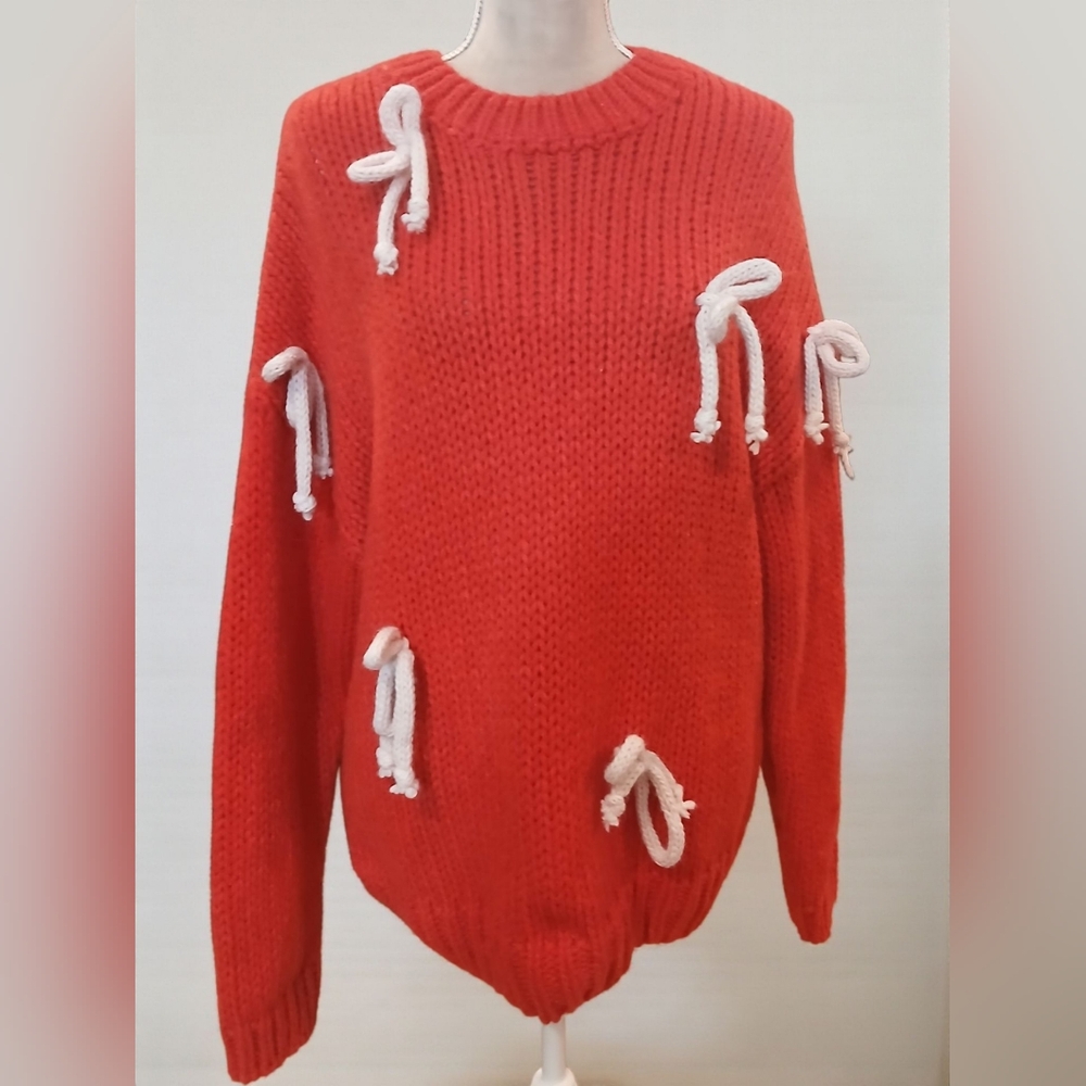 Le Lis Oversized Red Chunky Knit Bow Crew Neck Sweater Womans Large